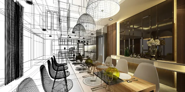 Planung einer Restaurantausstattung - die eine Hälfte mit realen Möbeln und Gegenständen und die andere als Skizze.