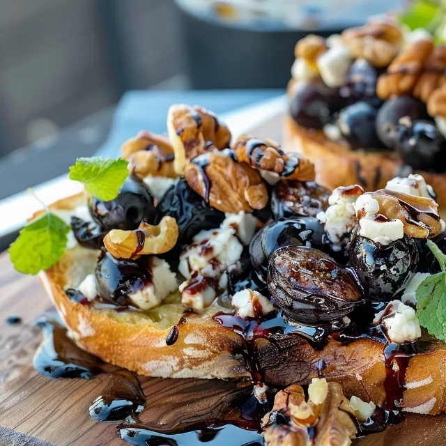 Bruschetta mit Ziegenkäse und Zwetschgen angerichtet auf einem Sauerteigbrot